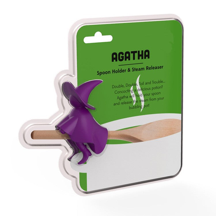 Suport Capac Anti-Varsare si Suport Lingura pentru Oala, Model Vrajitoare, Silicon Eco-friendly, Mov, 8.5 x 4.5 x 4.8 cm
