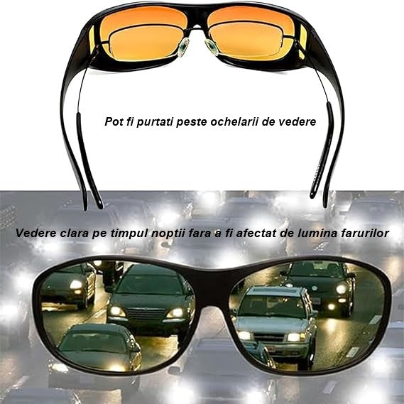 Ochelari pentru Viziune pe Timp de Noapte, Polarizati, pentru Condus si Ciclism, Protectie UV400, Fit-Over Peste Ochelari de Vedere, Material PC, Lentila Galbena, Rama Neagra, 15x5 cm