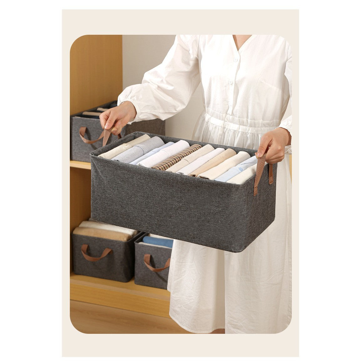 Cutie Depozitare Tip Cos, Organizator Pliabil Haine si Jucarii cu Cadru Metalic, Fereastra Transparenta si Fermoar, Bumbac si In, 47x30x25 cm, 35 l, Gri