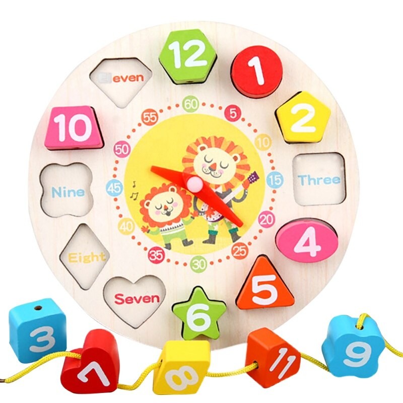 Jucarie Educativa Montessori, Ceas Din Lemn Cu Forme Geometrice Si Snur Pentru Insirat, Dezvoltare Motricitate Si Invatare Timp, Model Leu, 12 Piese, 17 cm, Multicolor, + 36 Luni