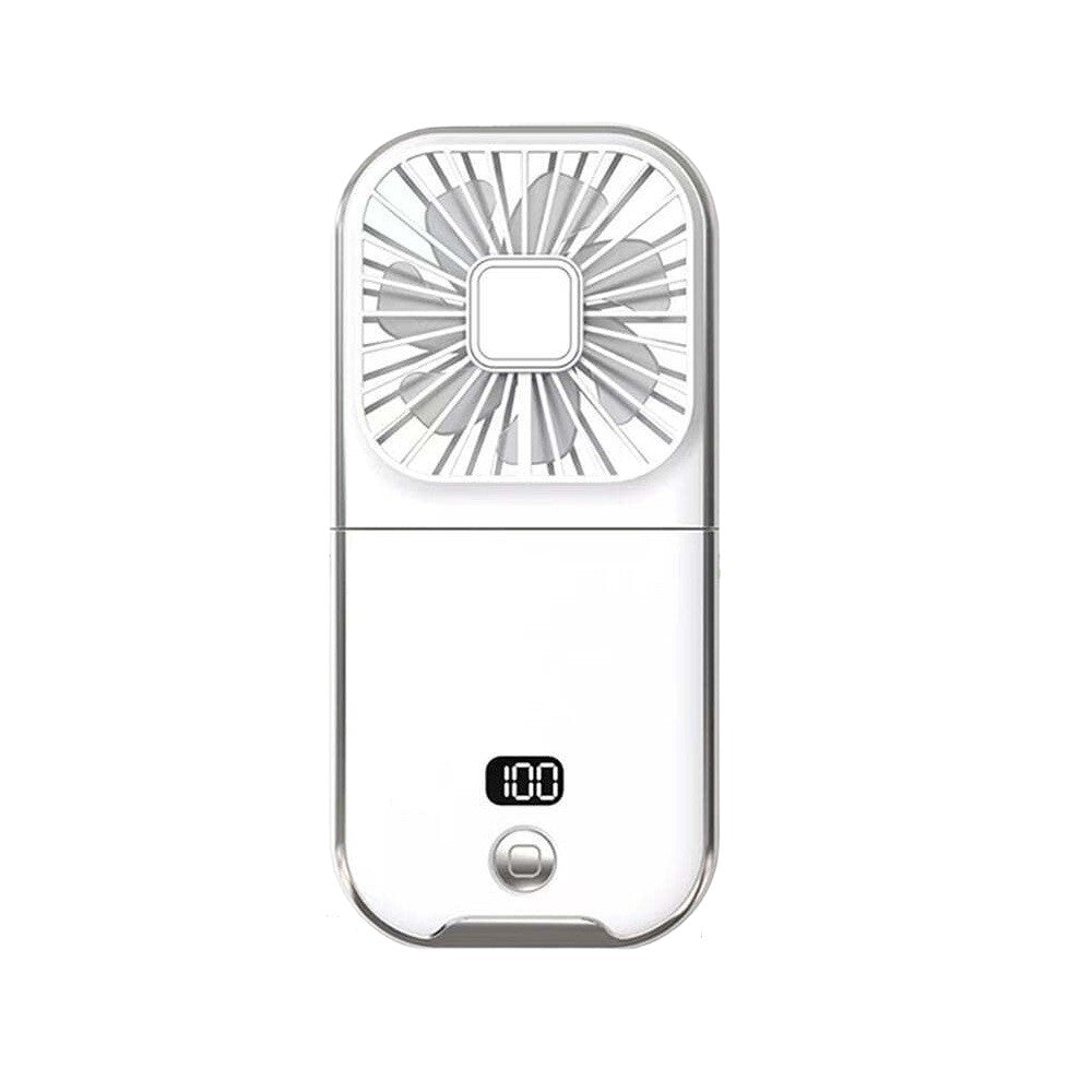 Ventilator Portabil 3 in 1, Mini Ventilator de Mana, Gat si Birou, Pliabil la 180 Grade, Baterie 3000 mAh, Afisaj Digital, Suport Telefon, Incarcare USB, 3 Viteze, Alb