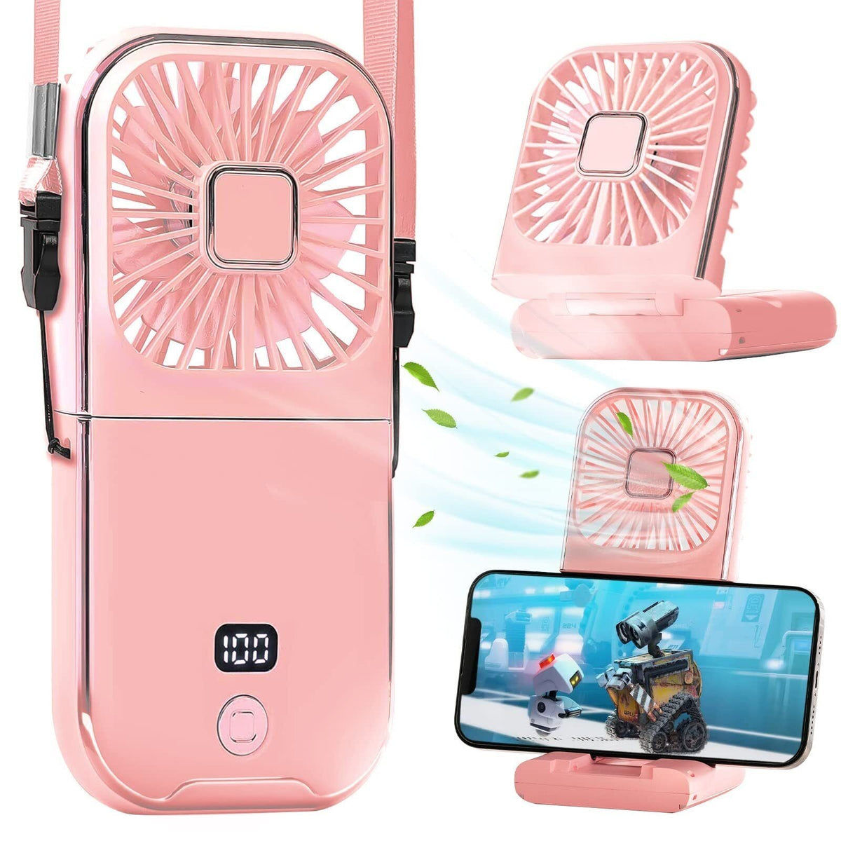 Ventilator Portabil 3 in 1, de Mana, Gat si Birou, Pliabil la 180 Grade, Afisaj Digital, Baterie 3000 mAh, Incarcare USB, 3 Trepte de Viteza, Silentios, Suport Telefon, Roz