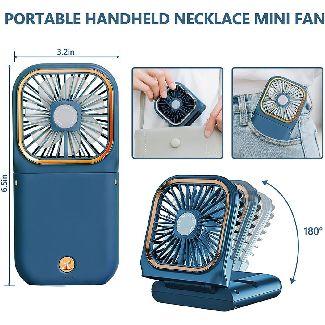Ventilator Portabil 3 in 1, Mini Ventilator de Mana, Gat si Birou, Pliabil la 180 Grade, Baterie 3000 mAh, Afisaj Digital, Incarcare USB, 3 Trepte de Viteza, Suport Telefon, Albastru