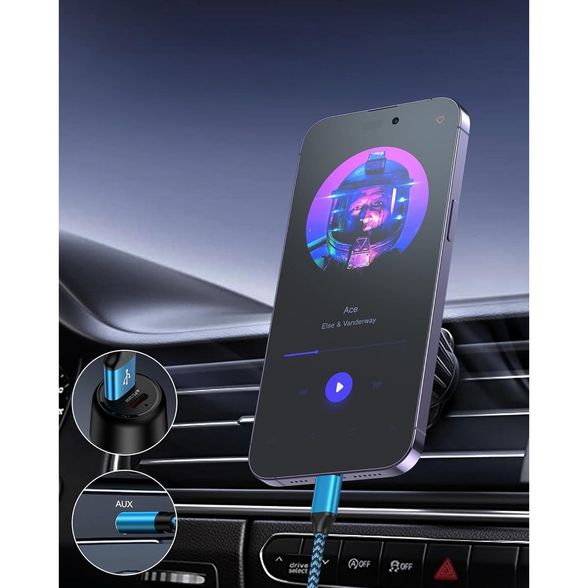 Cablu 2 in 1 Audio si Incarcare USB, Adaptor Jack 3.5 mm si Auxiliar, Conector Placat cu Aur, Invelis Nylon Impletit, Compatibil iPhone, 1 m, Albastru