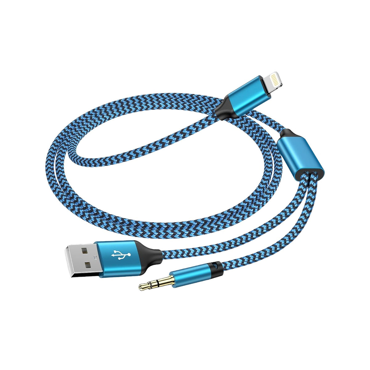 Cablu 2 in 1 Audio si Incarcare USB, Adaptor Jack 3.5 mm si Auxiliar, Conector Placat cu Aur, Invelis Nylon Impletit, Compatibil iPhone, 1 m, Albastru