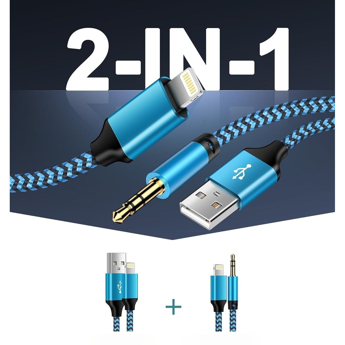 Cablu 2 in 1 Audio si Incarcare USB, Adaptor Jack 3.5 mm si Auxiliar, Conector Placat cu Aur, Invelis Nylon Impletit, Compatibil iPhone, 1 m, Albastru