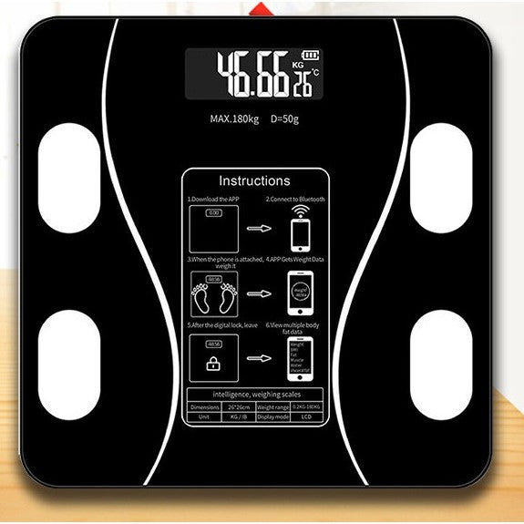 Cantar Electronic De Baie Inteligent, Analiza Corporala Prin Bluetooth Si Aplicatie Smartphone, Ecran Digital Iluminat Cu Termometru, Sticla Securizata, Maxim 180 Kg, 26 x 26 cm