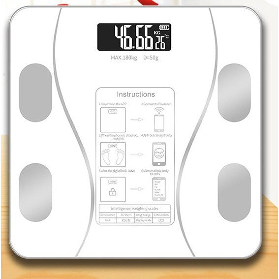 Cantar Electronic De Baie Inteligent, Conexiune Bluetooth Cu Aplicatie Smart, Analiza Corporala, Termometru, Ecran LCD Iluminat, Sticla Securizata, Greutate Maxima 180 kg, 26 x 26 cm, Alb/Gri Deschis
