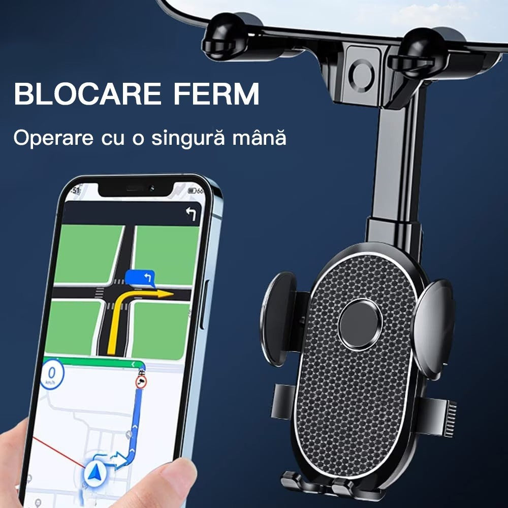 Suport Telefon Auto Pentru Oglinda Retrovizoare, Rotire 360 Grade, Brat Ajustabil Si Clema Silicon, Material ABS, Negru