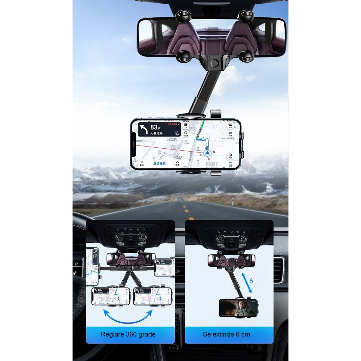 Suport Telefon Auto Pentru Oglinda Retrovizoare, Rotire 360 Grade, Brat Ajustabil Si Clema Silicon, Material ABS, Negru