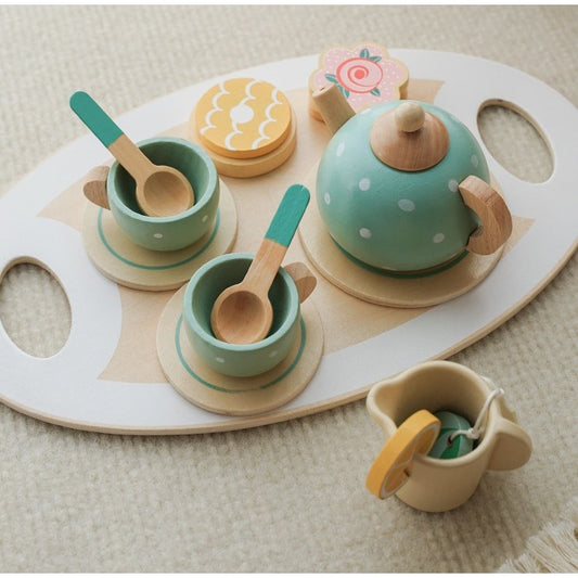 Set de Ceai Afternoon Tea pentru Copii, Joc de Rol din Lemn Natural cu Tava si Accesorii, Vopsea pe Baza de Apa, 15 Piese, Multicolor Pastel, +3 Ani