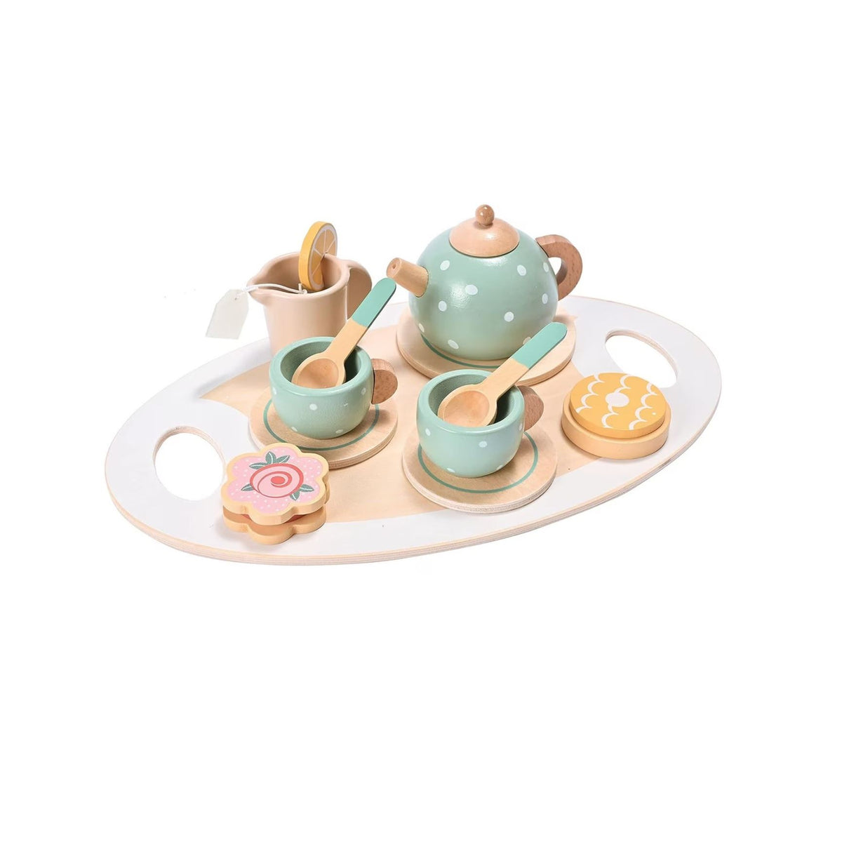 Set de Ceai Afternoon Tea pentru Copii, Joc de Rol din Lemn Natural cu Tava si Accesorii, Vopsea pe Baza de Apa, 15 Piese, Multicolor Pastel, +3 Ani