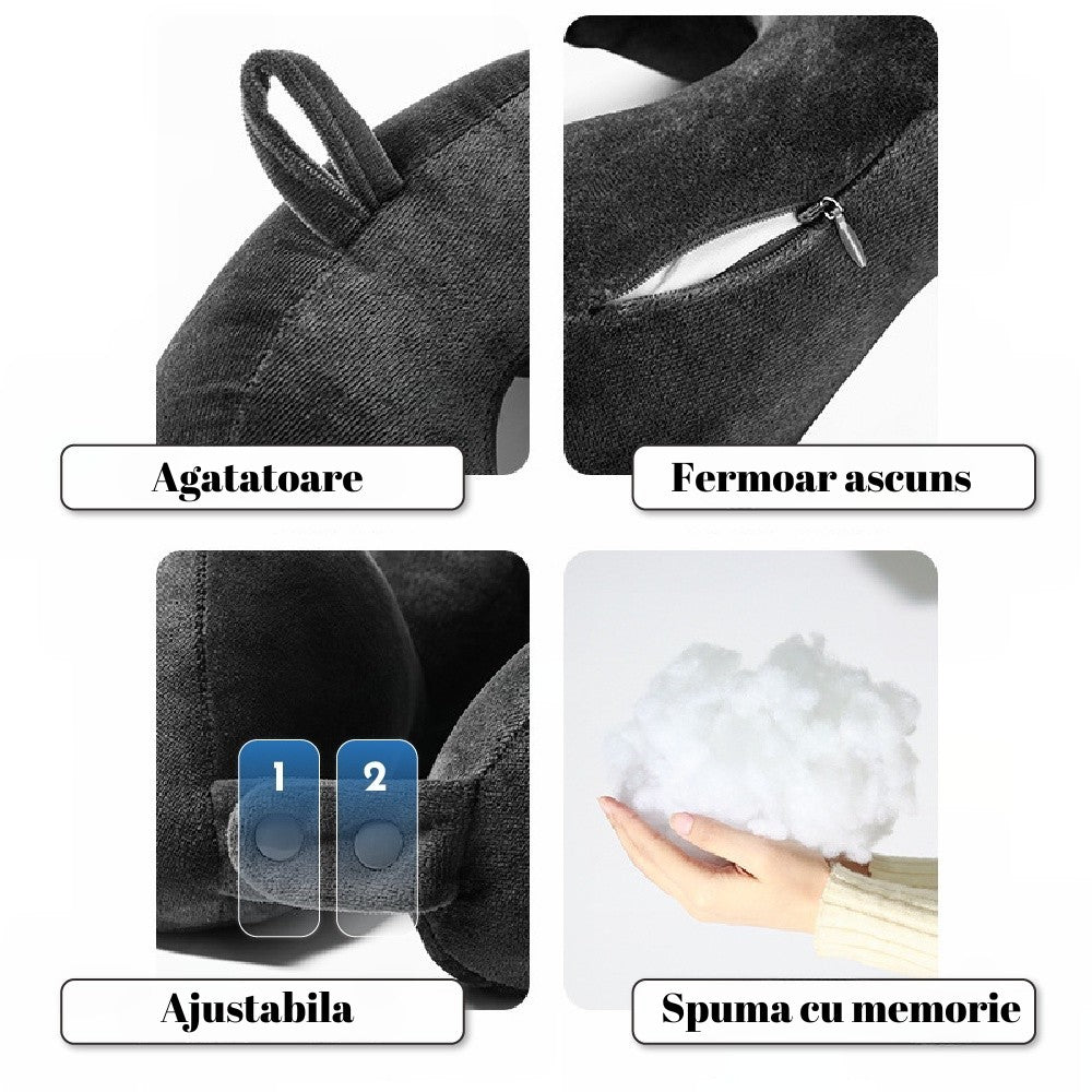 Perna de Calatorie pentru Gat, Design Ergonomic cu 4 Cocoase, Suport Cervical Ajustabil si Sistem Prindere cu Capse, Bumbac, 28x28x10 cm, Gri