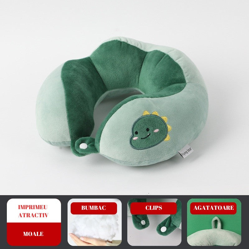 Perna de Calatorie pentru Gat si Cap, Suport Ergonomic cu Sistem de Prindere prin Capse, Umplutura Bumbac, Model Dinozaur Brodat, Verde, 28x28x10 cm