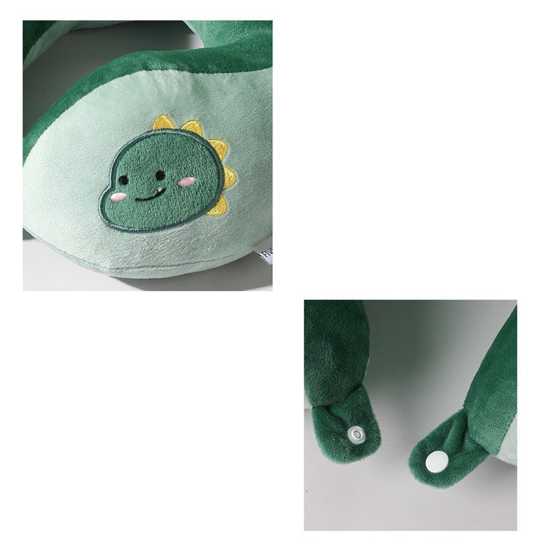 Perna de Calatorie pentru Gat si Cap, Suport Ergonomic cu Sistem de Prindere prin Capse, Umplutura Bumbac, Model Dinozaur Brodat, Verde, 28x28x10 cm