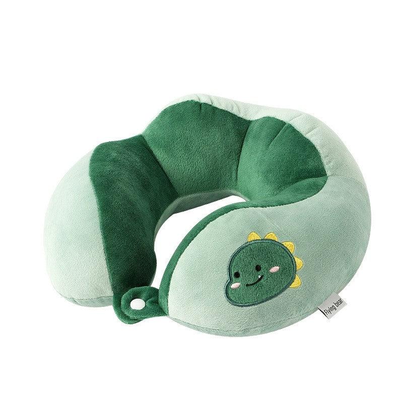 Perna de Calatorie pentru Gat si Cap, Suport Ergonomic cu Sistem de Prindere prin Capse, Umplutura Bumbac, Model Dinozaur Brodat, Verde, 28x28x10 cm