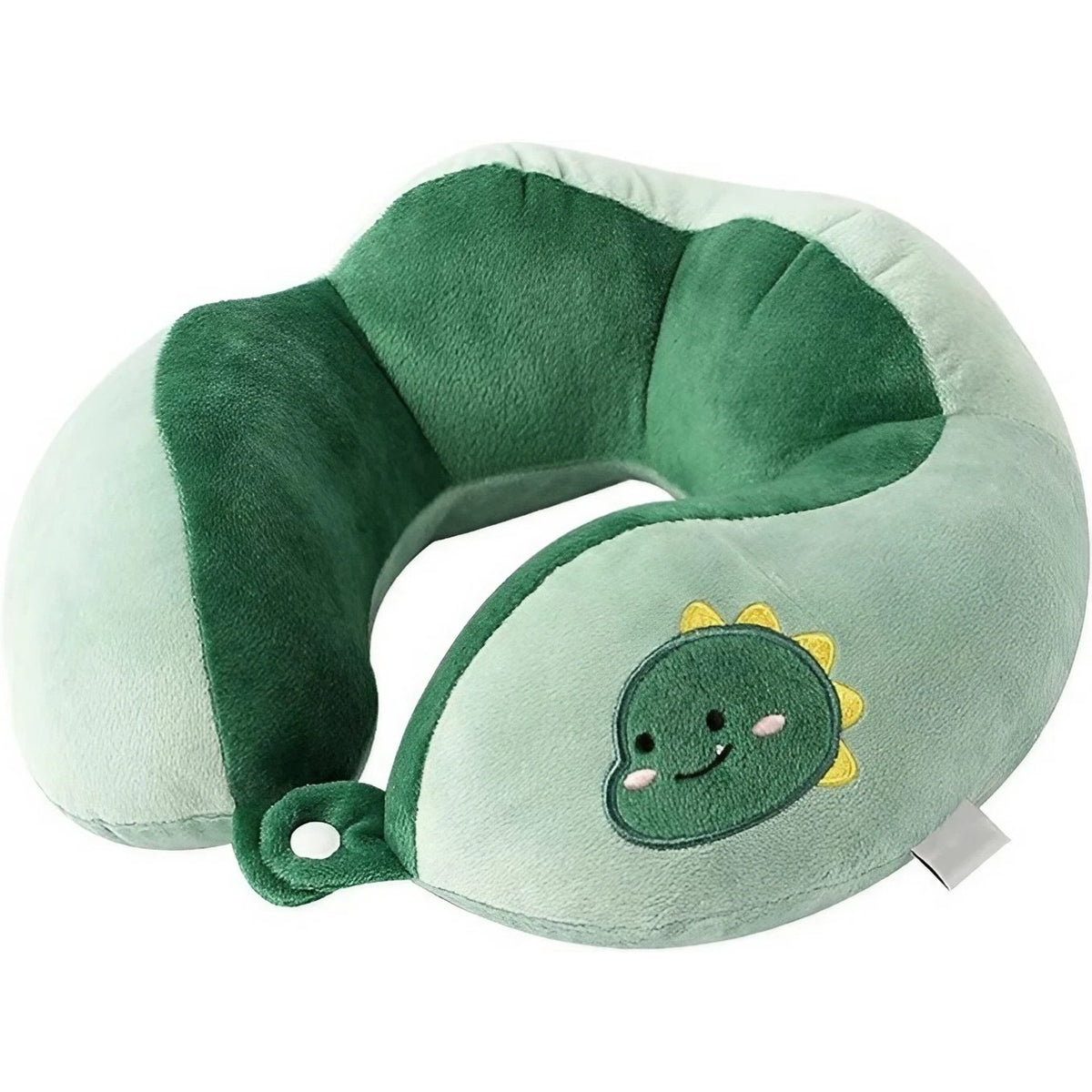 Perna de Calatorie pentru Gat si Cap, Suport Ergonomic cu Sistem de Prindere prin Capse, Umplutura Bumbac, Model Dinozaur Brodat, Verde, 28x28x10 cm