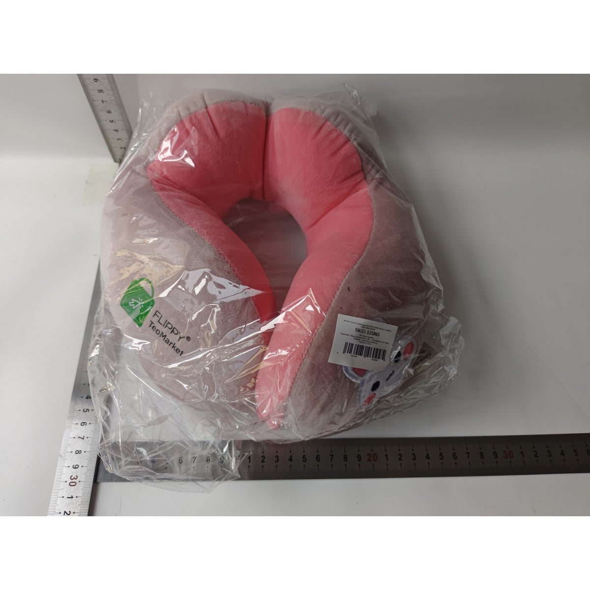 Perna de Calatorie pentru Gat si Cap, Suport Cervical cu Prindere prin Capse, Model Brodat Iepure, Umplutura Bumbac, 28x28x10 cm, Roz