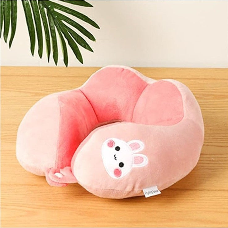 Perna de Calatorie pentru Gat si Cap, Suport Cervical cu Prindere prin Capse, Model Brodat Iepure, Umplutura Bumbac, 28x28x10 cm, Roz