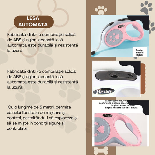 Lesa Automata Retractabila pentru Caini, Mecanism de Blocare si Control, Nylon si Carcasa ABS Rezistenta, Max 20 kg, 5 m, Roz/Gri