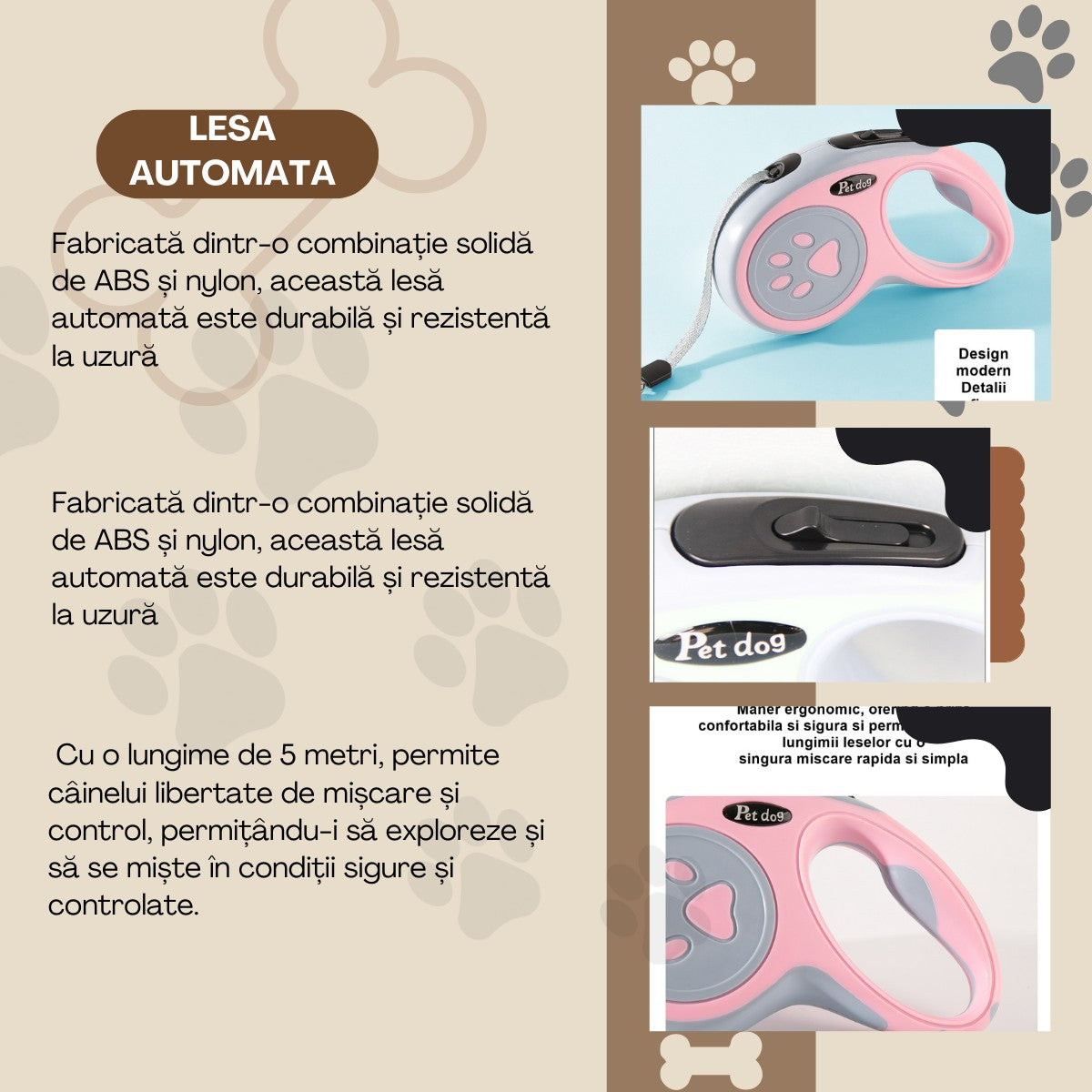 Lesa Automata Retractabila pentru Caini, Mecanism de Blocare si Control, Nylon si Carcasa ABS Rezistenta, Max 20 kg, 5 m, Roz/Gri