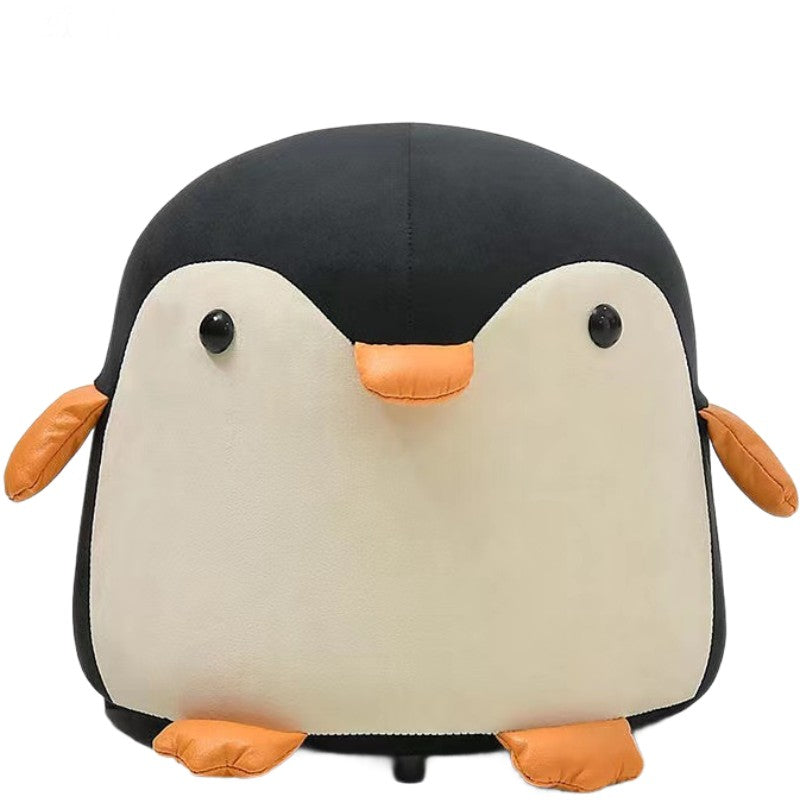Taburet Pentru Copii In Forma De Pinguin, Scaunel Cu Perna Din Burete Elastica, Maner Transport, Cadru Lemn Masiv, Negru, 25 x 29 x 29 cm
