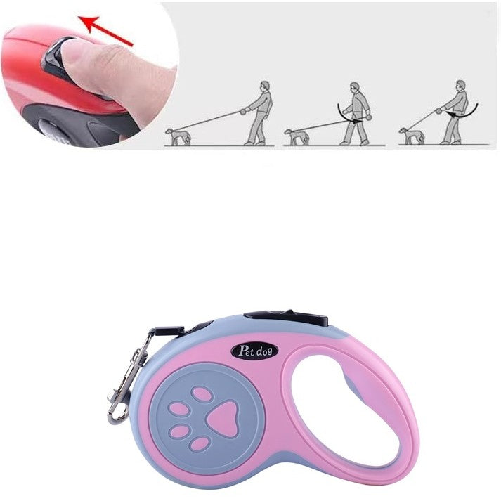 Lesa Automata Retractabila pentru Caini, Mecanism de Blocare, Maner Ergonomic, ABS si Nylon, Pana la 20 kg, 3 m, Roz/Gri