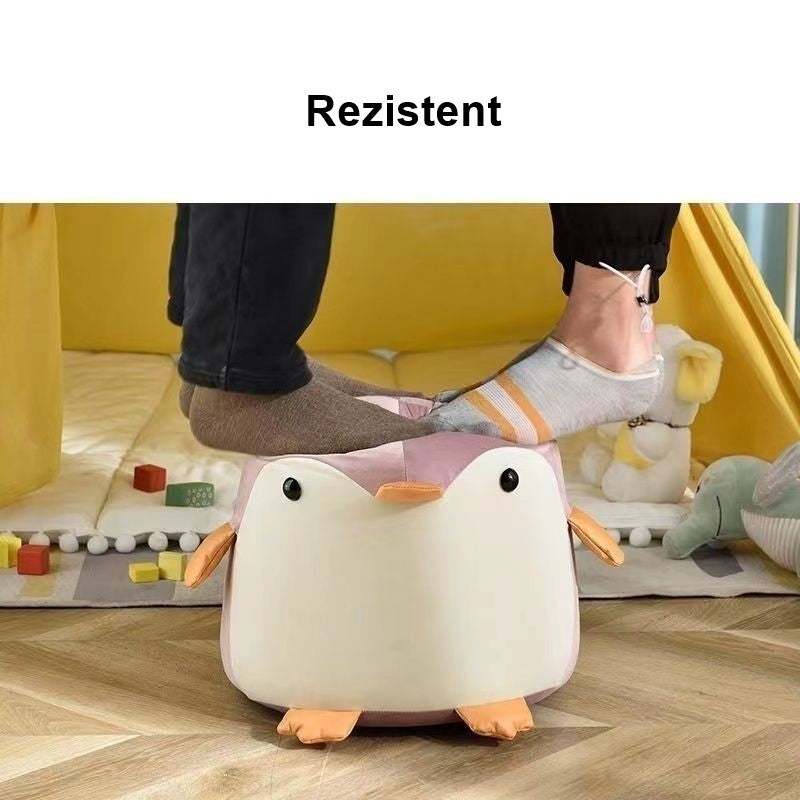 Taburet Copii in Forma de Pinguin, Scaunel cu Cadru din Lemn Masiv si Perna din Burete Elastic, Maner Transport, Roz, 25 x 29 x 29 cm