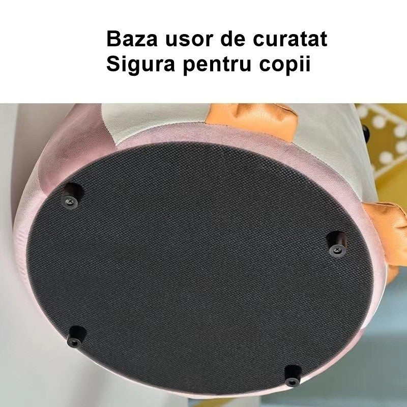 Taburet Copii in Forma de Pinguin, Scaunel cu Cadru din Lemn Masiv si Perna din Burete Elastic, Maner Transport, Roz, 25 x 29 x 29 cm