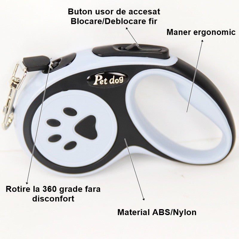 Lesa Automata Retractabila pentru Caini, Mecanism de Blocare si Control, Nylon si ABS Durabil, Lungime 3m, Capacitate 20 kg, 8x12x4 cm, Negru/Bleu