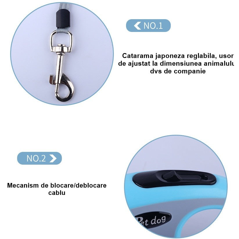 Lesa Automata Retractabila pentru Caini, Mecanism de Blocare, Carcasa ABS si Banda Nylon, 3m, Pana la 20 kg, Verde/Bleu, 8x12x4 cm