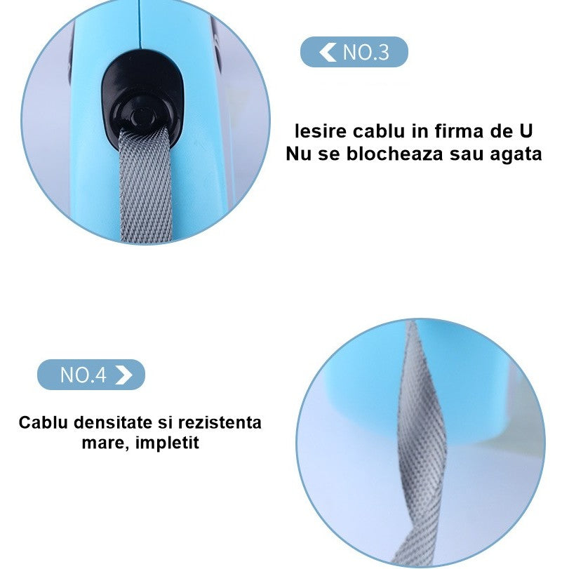 Lesa Automata Retractabila pentru Caini, Mecanism de Blocare, Carcasa ABS si Banda Nylon, 3m, Pana la 20 kg, Verde/Bleu, 8x12x4 cm