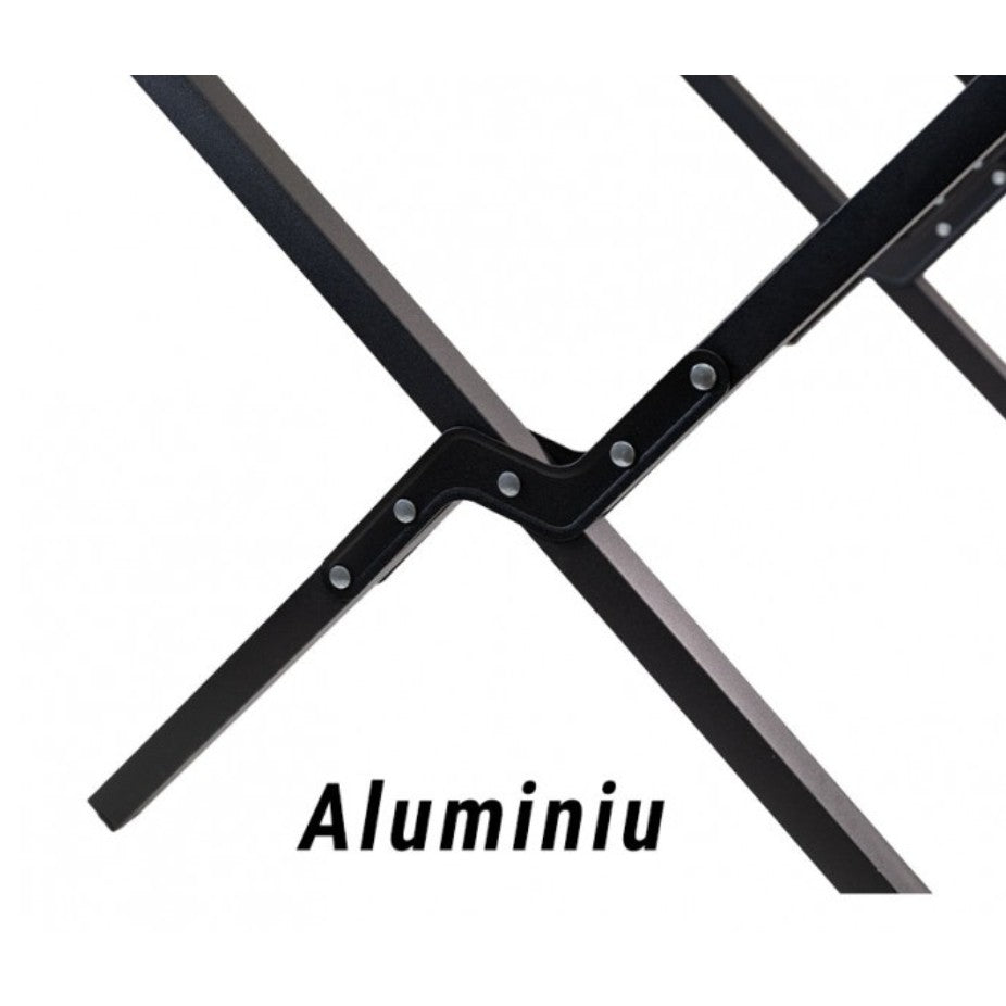 Scaun Camping Pliabil, Cadru Aluminiu cu Cotiere din Lemn, Sezut Panza Confortabil, 52 x 53 x 80 cm, Negru