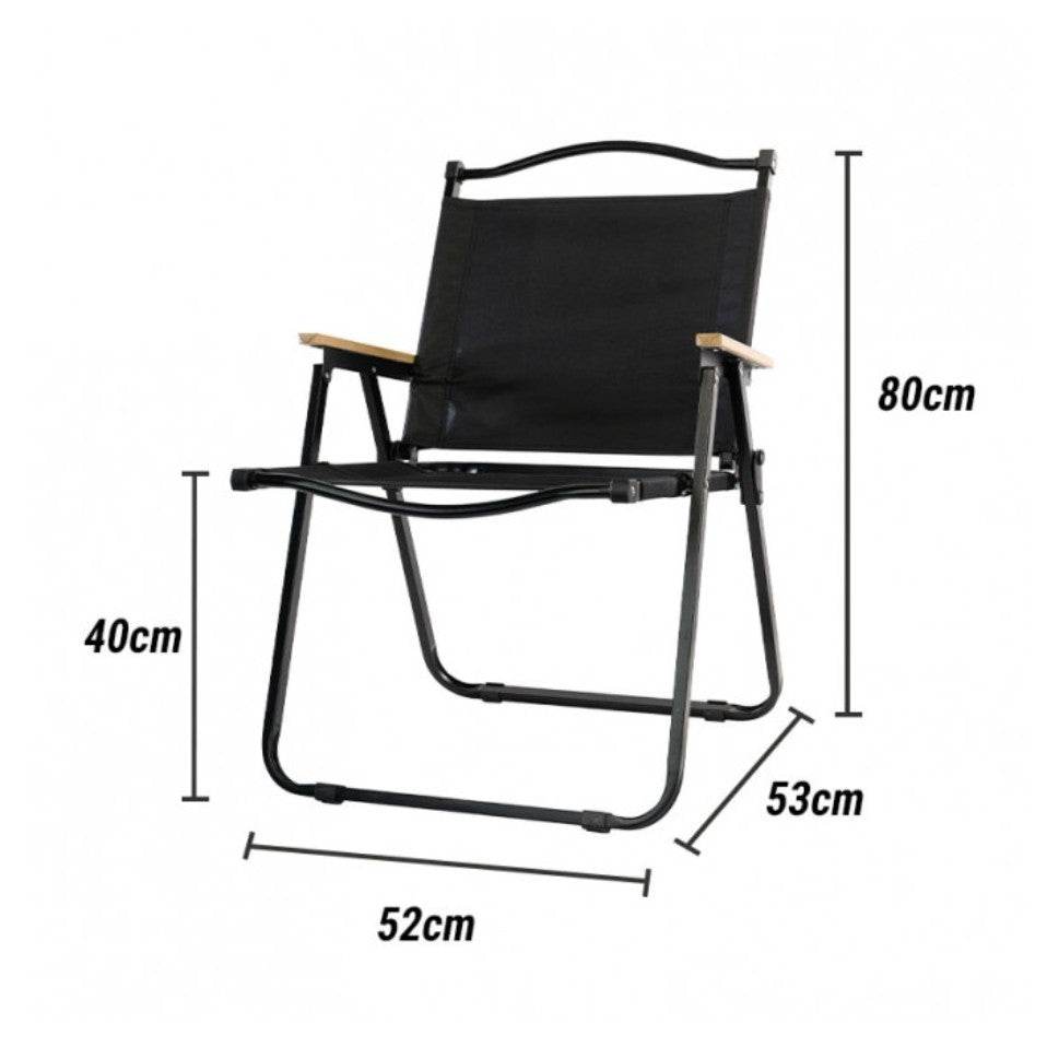 Scaun Camping Pliabil, Cadru Aluminiu cu Cotiere din Lemn, Sezut Panza Confortabil, 52 x 53 x 80 cm, Negru