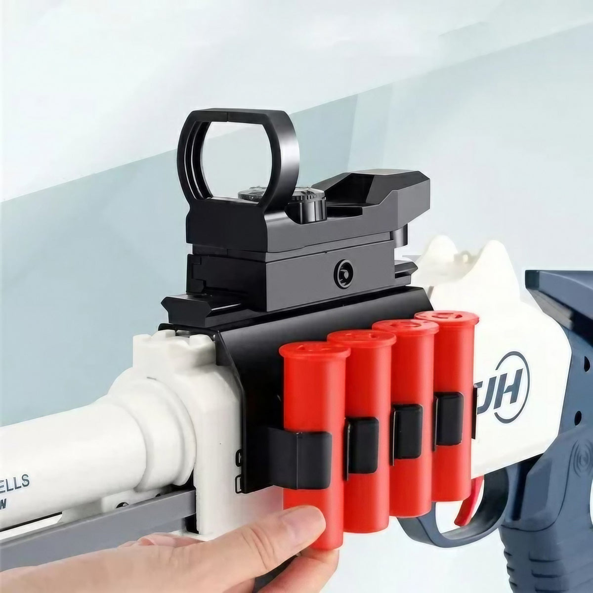 Pușcă de Jucărie S686 UDL XM1014, Încărcare Manuală cu Ejectare Cartușe, Lunetă Inclusă, 10 Proiectile Spumă Moale, 5 Cartușe, 80 cm, Alb, 8 ani+