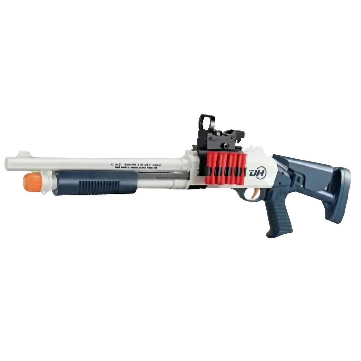 Pușcă de Jucărie S686 UDL XM1014, Încărcare Manuală cu Ejectare Cartușe, Lunetă Inclusă, 10 Proiectile Spumă Moale, 5 Cartușe, 80 cm, Alb, 8 ani+