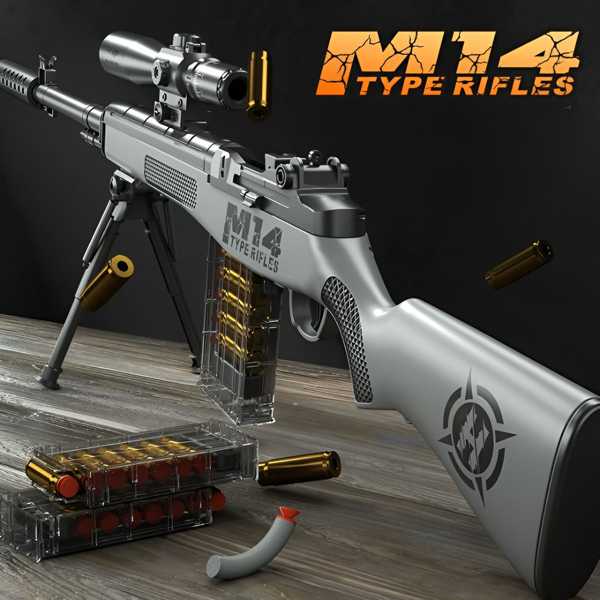 Pusca de Jucarie M14, Sniper cu Luneta si Incarcare Manuala, Replică Militară din Plastic, 100 cm, 20 Proiectile Spuma, 5 Cartuse, 8 ani+, Gri