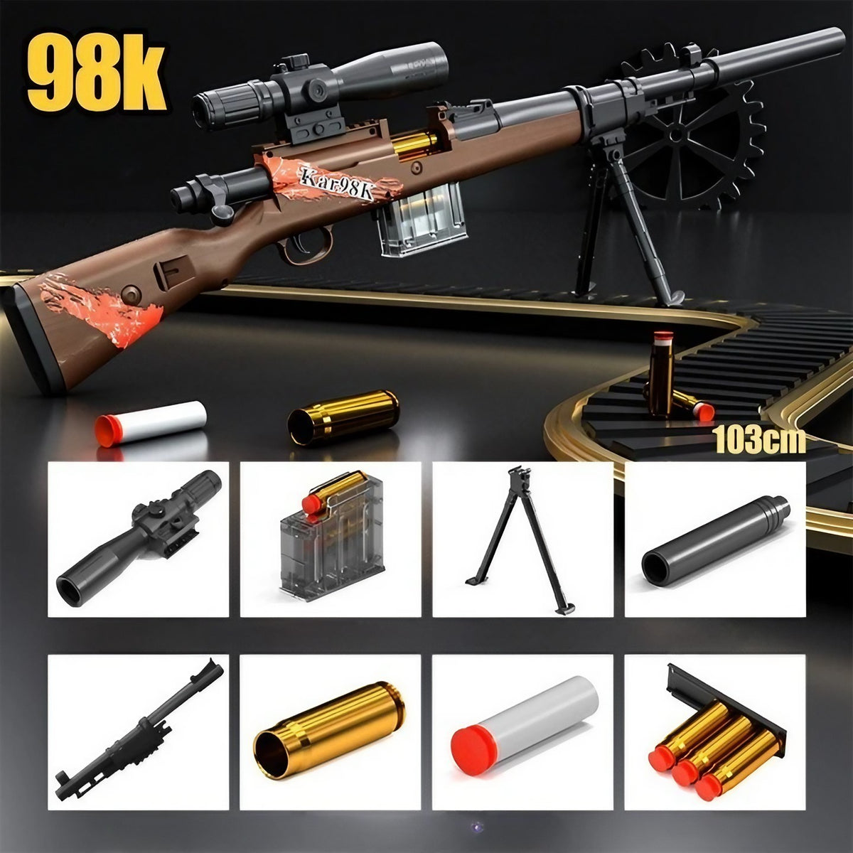 Pusca de Jucarie 98K Ultrarealista, Actionare Manuala cu Luneta, Sniper pentru Copii si Adolescenti, Plastic, 103 cm, include 10 Proiectile Spuma si 5 Cartuse, 14 ani+, Maro