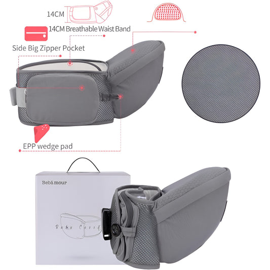 Marsupiu Ergonomic 3in1 pentru Bebelusi si Copii, Scaunel de Sold Pliabil cu Buzunare Laterale, Centura Reglabila, Material Textil, 0-36 Luni, Gri