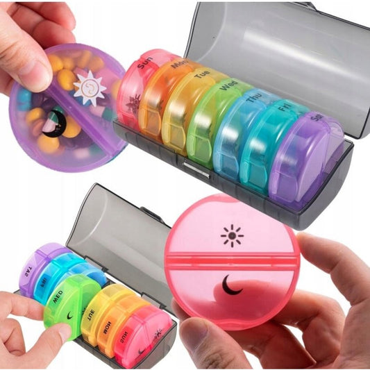 Organizator Medicamente 7 Zile, Cutie Depozitare Pastile cu 14 Compartimente Detasabile AM/PM, Suport Portabil pentru Vitamine si Suplimente, Plastic Fara BPA, Multicolor cu Suport Negru, 17.5x11x9.5 cm