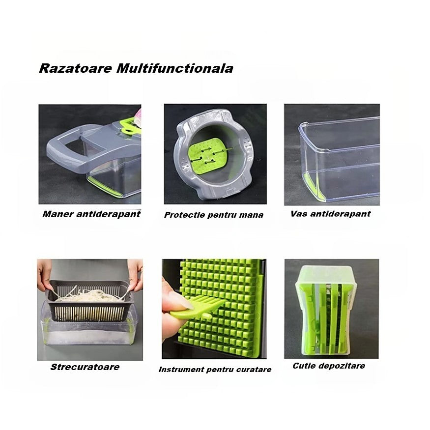 Feliator Multifunctional Pentru Legume Si Fructe, Razatoare 8 In 1, Lame Din Inox 420, Recipient Stocare Si Protectie Mana, ABS, Set 10 Piese, 32.2x11.3 cm, Verde/Gri