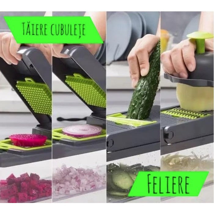 Feliator Multifunctional Pentru Legume Si Fructe, Razatoare 8 In 1, Lame Din Inox 420, Recipient Stocare Si Protectie Mana, ABS, Set 10 Piese, 32.2x11.3 cm, Verde/Gri