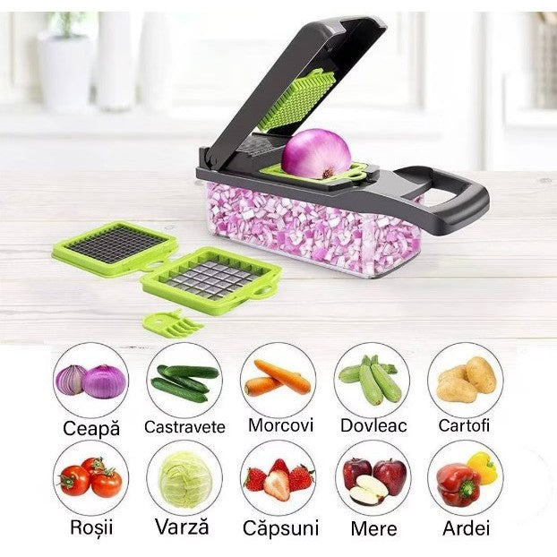 Feliator Multifunctional Pentru Legume Si Fructe, Razatoare 8 In 1, Lame Din Inox 420, Recipient Stocare Si Protectie Mana, ABS, Set 10 Piese, 32.2x11.3 cm, Verde/Gri