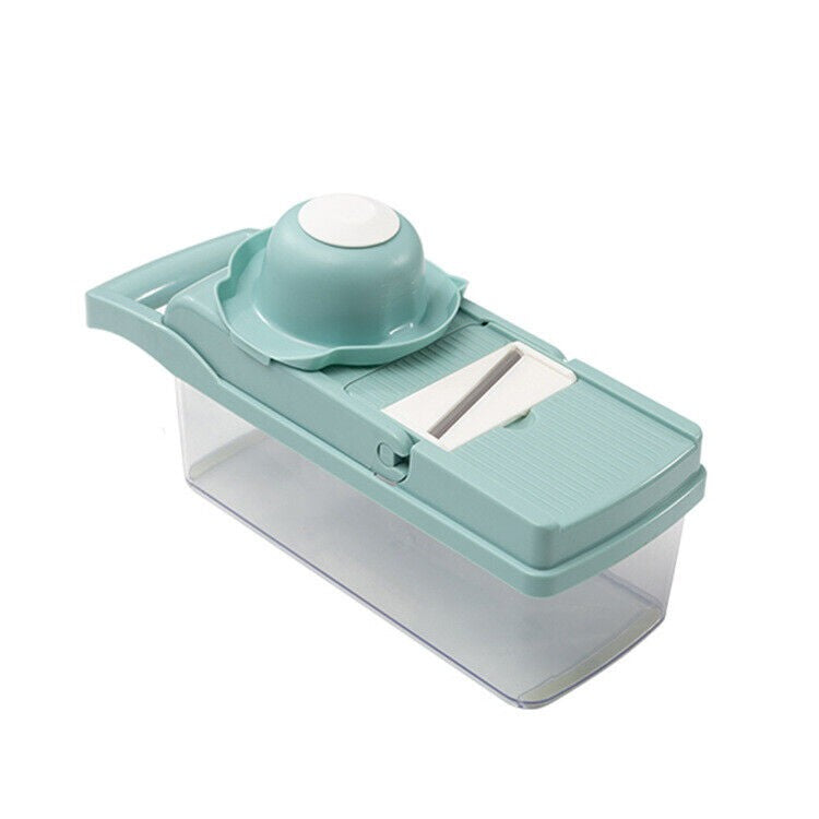 Feliator Multifunctional si Razatoare pentru Legume sau Fructe, 8 in 1, Lame Inox 420 si Recipient Colectare, ABS fara BPA, 10 Piese, 32.2x11.3 cm, Albastru/Alb