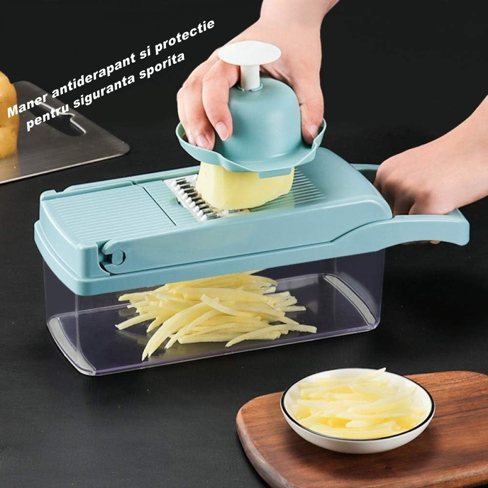 Feliator Multifunctional si Razatoare pentru Legume sau Fructe, 8 in 1, Lame Inox 420 si Recipient Colectare, ABS fara BPA, 10 Piese, 32.2x11.3 cm, Albastru/Alb