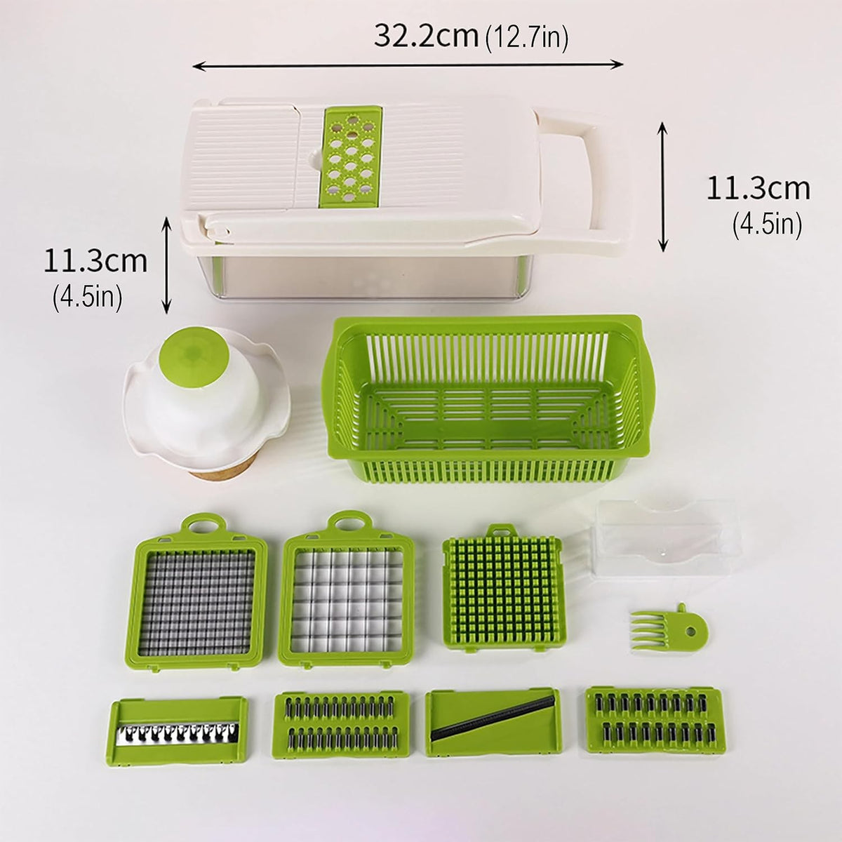 Feliator Multifunctional si Razatoare pentru Legume, 8 in 1, Set 10 Piese, Lame din Otel Inoxidabil, Recipient de Stocare, Separator Oua si Protectie Mana, ABS, Verde/Alb