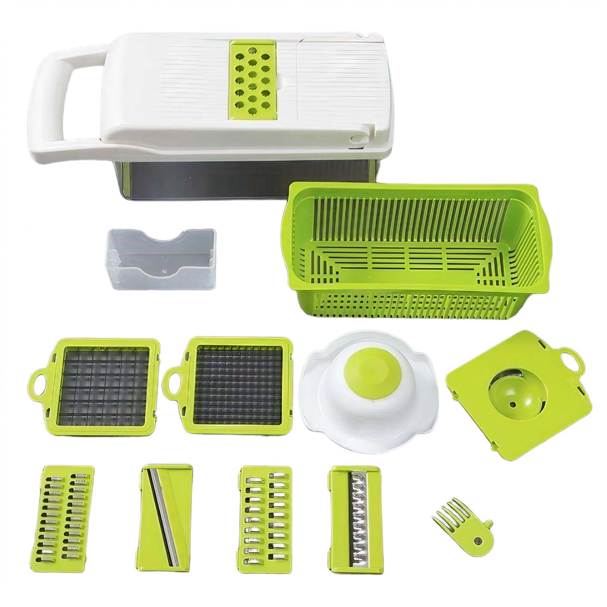 Feliator Multifunctional si Razatoare pentru Legume, 8 in 1, Set 10 Piese, Lame din Otel Inoxidabil, Recipient de Stocare, Separator Oua si Protectie Mana, ABS, Verde/Alb