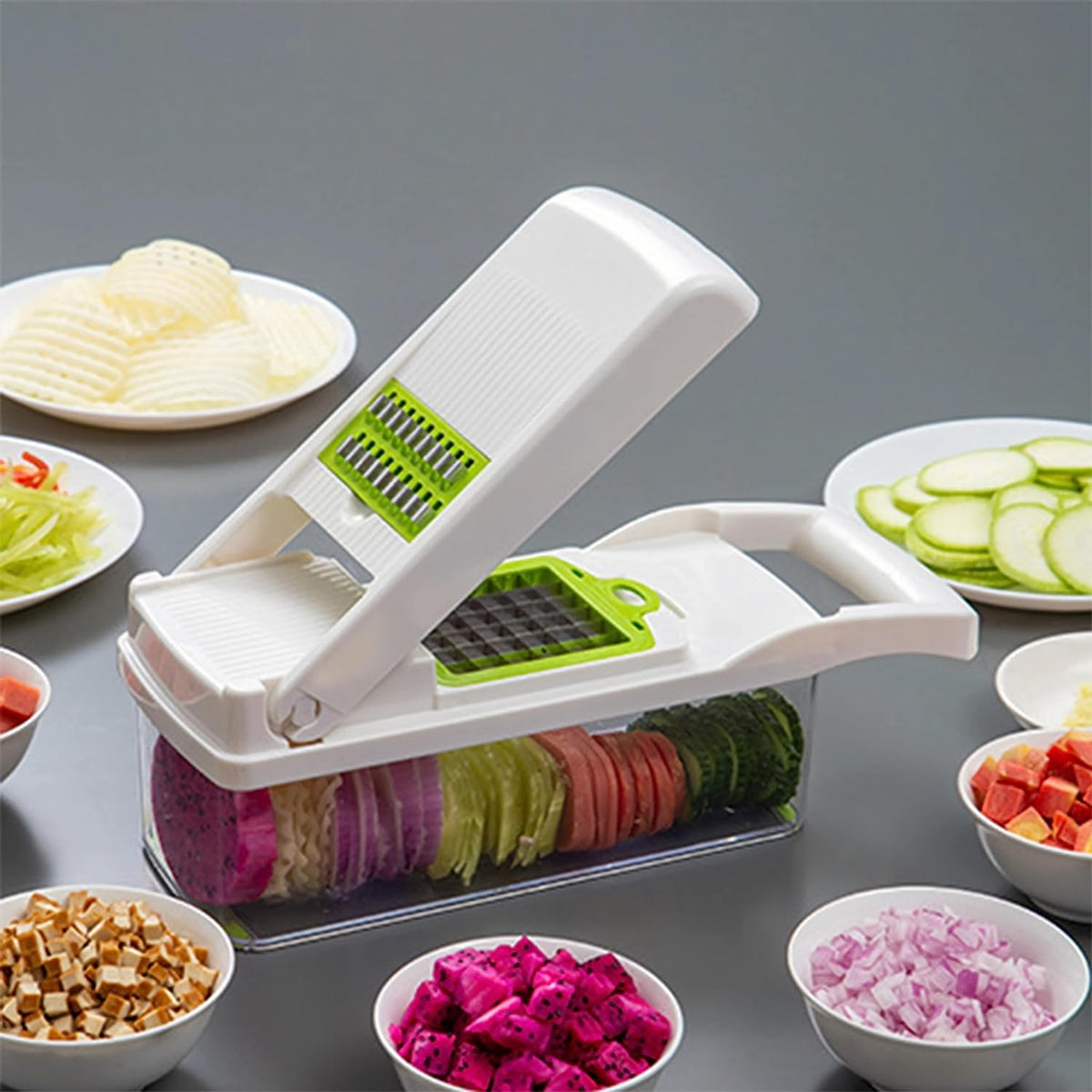 Feliator Multifunctional si Razatoare pentru Legume, 8 in 1, Set 10 Piese, Lame din Otel Inoxidabil, Recipient de Stocare, Separator Oua si Protectie Mana, ABS, Verde/Alb