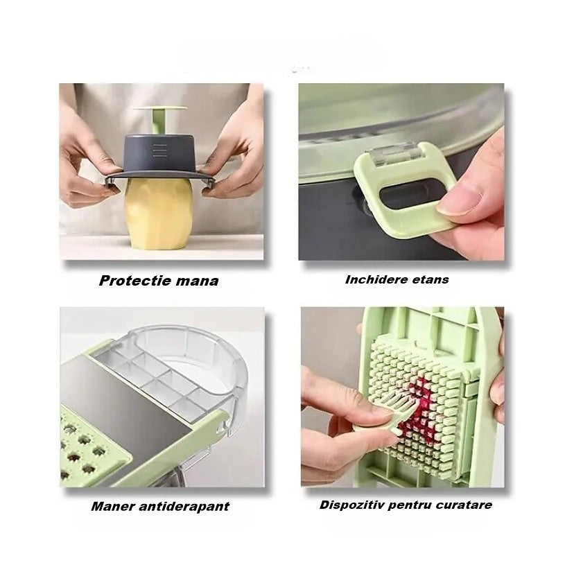 Feliator Multifunctional pentru Legume si Fructe, Razatoare 8 in 1 cu 12 Piese, Lame din Otel Inoxidabil 420 si Recipient Stocare, ABS Fara BPA, Protectie Mana, Gri/Verde, 29.5x9x21.8 cm