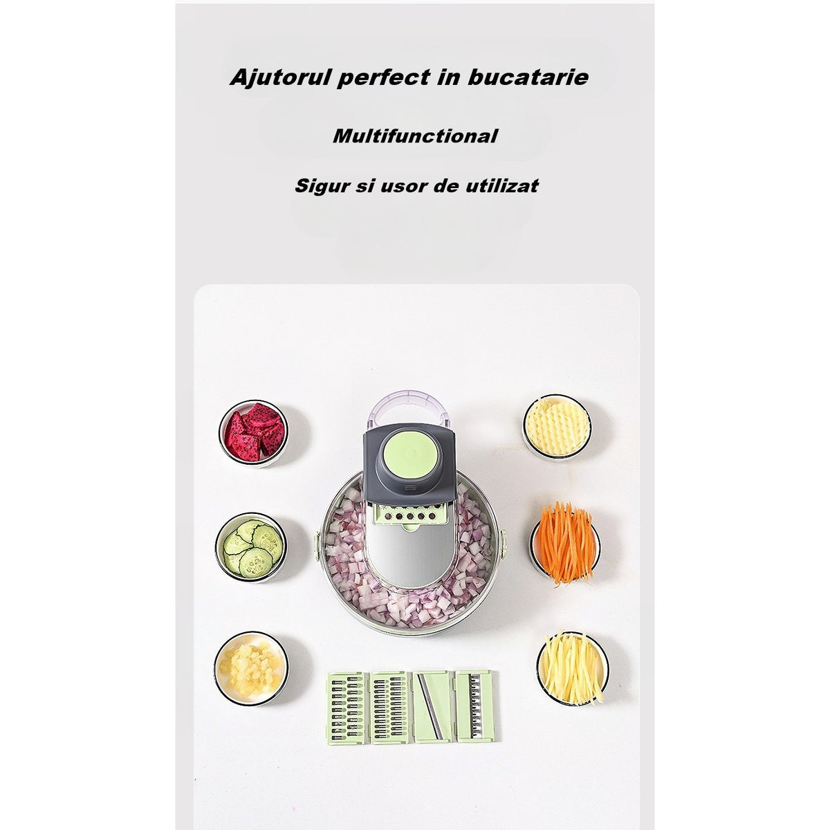 Feliator Multifunctional pentru Legume si Fructe, Razatoare 8 in 1 cu 12 Piese, Lame din Otel Inoxidabil 420 si Recipient Stocare, ABS Fara BPA, Protectie Mana, Gri/Verde, 29.5x9x21.8 cm